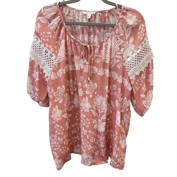 Palm Rio Tops - Palm Rio Womens Floral Peasant Blouse L Pink White Lace 3/4 Sleeves Flowy